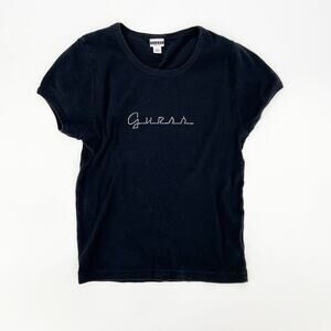 Y2k Vintage Guess Jeans Rhinestone Logo Baby Tee Black Large